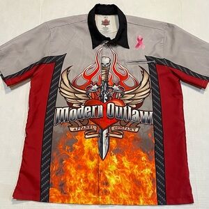 Modern Outlaw Apparel Flame Heart Sword Snap Button Shirt Racing Biker Men’s L
